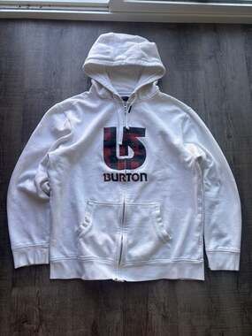 Burton White Zip Up Hoodie Sweatshirt with Plaid Logo XL